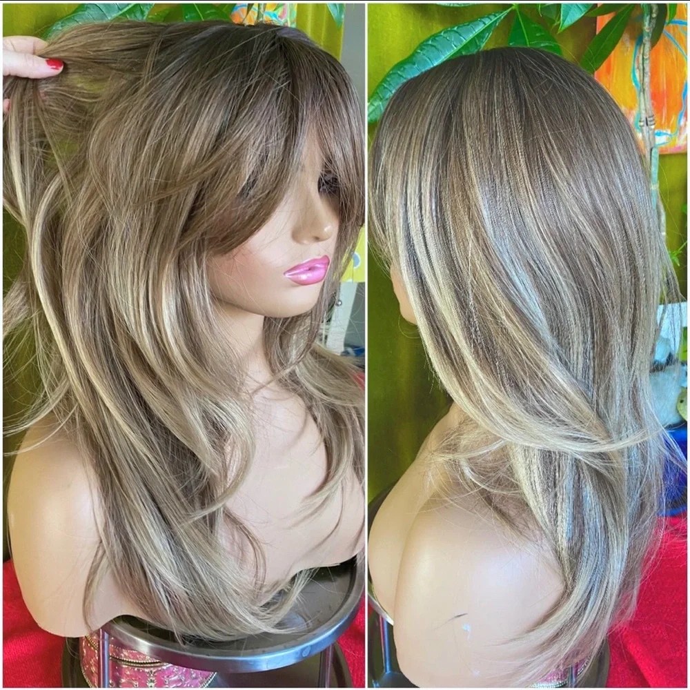Layered Long Wig with Face-Framing Bangs - Blonde Brown Blend